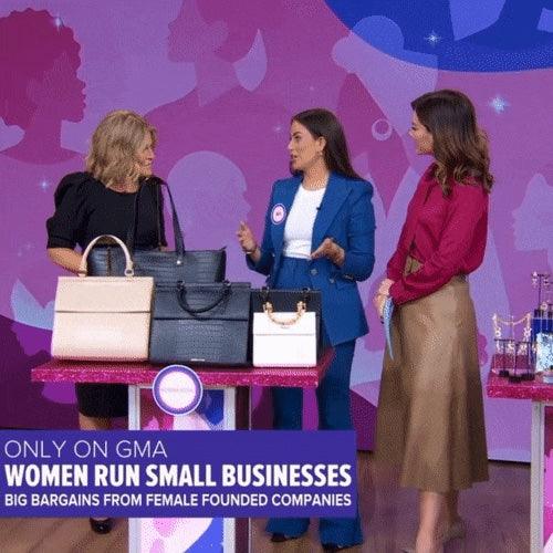 Three women discuss modern insulated lunch bags and totes at a TV segment for women entrepreneurs.