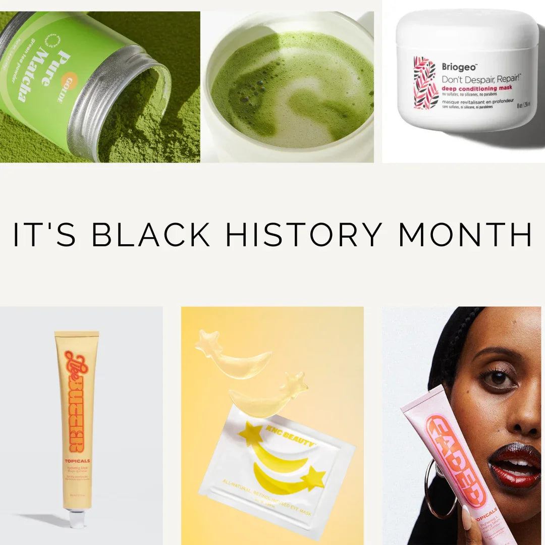 Collage of beauty and wellness products with text 'It's Black History Month' in the center.