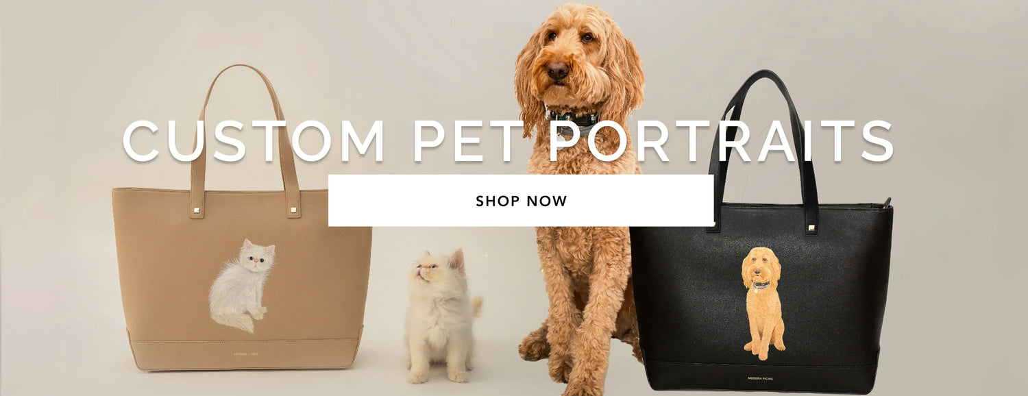 Custom pet portrait tote bags with embroidered dog and cat, displayed with real pets.