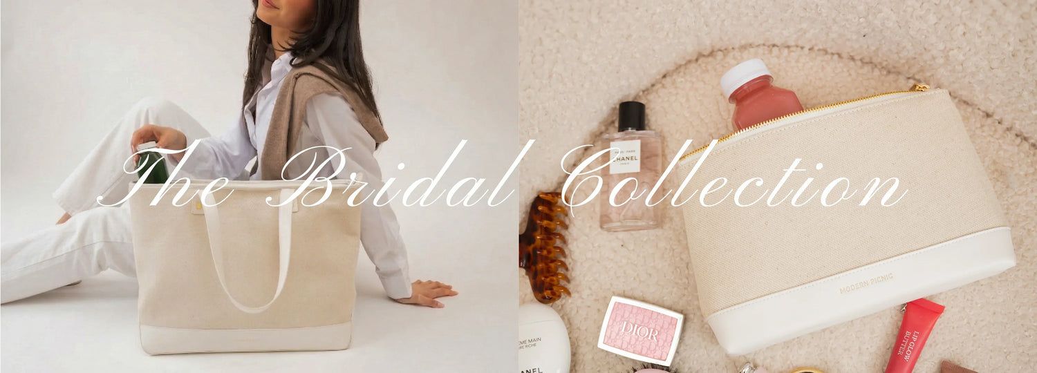 Chic beige tote and makeup pouch from The Bridal Collection, perfect for wedding essentials and daily use.