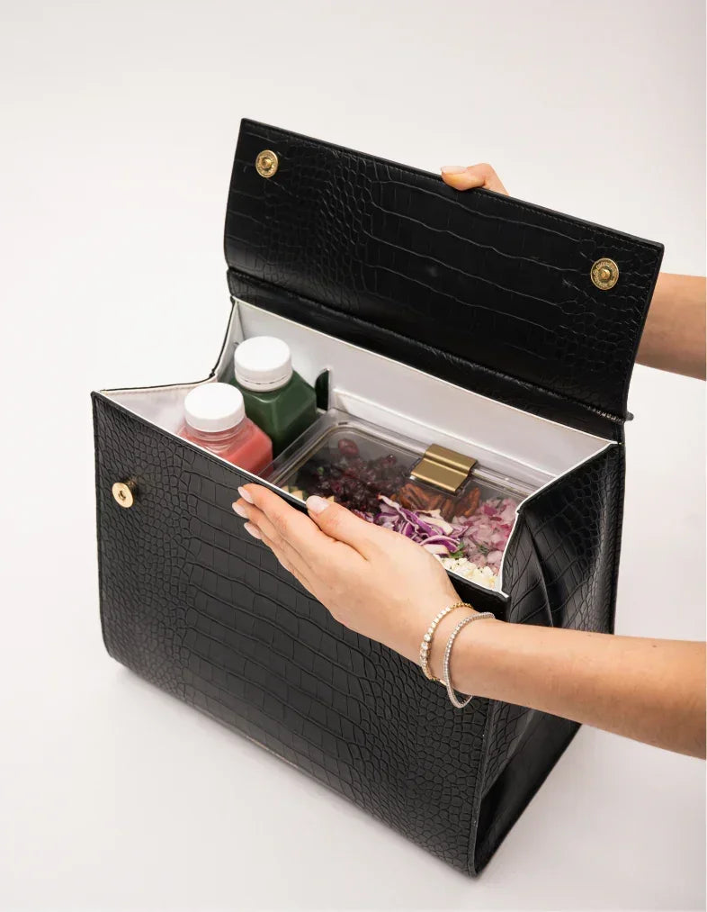 Black croc-texture insulated lunch bag with salad and drinks, perfect for work or travel