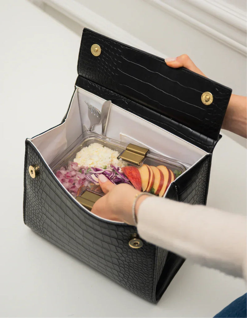 Black croc-texture insulated lunch bag with meal prep container, perfect for work or travel