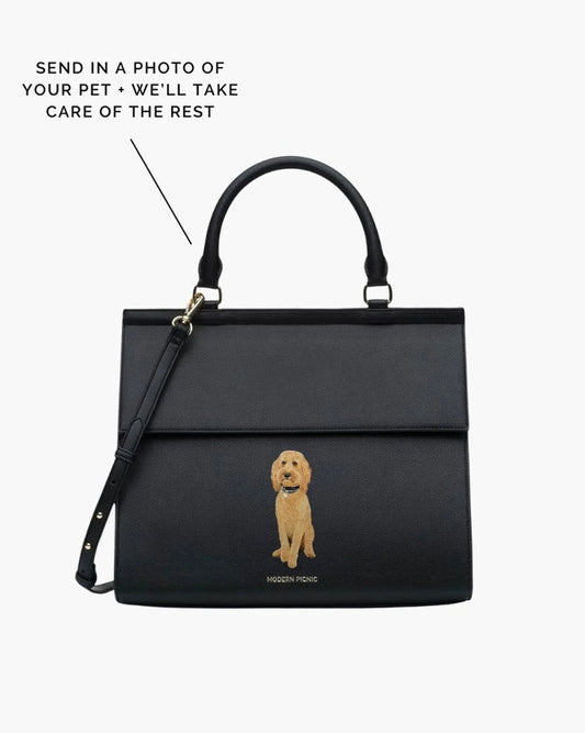 Black vegan leather tote with custom pet embroidery, personalized dog design, stylish work bag