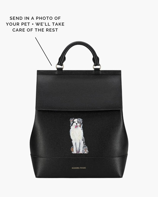 Black insulated lunch tote with custom embroidered dog, vegan leather bag for work or travel