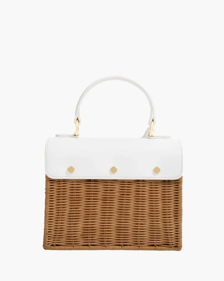 Chic woven insulated lunch bag with white vegan leather top handle and gold accents