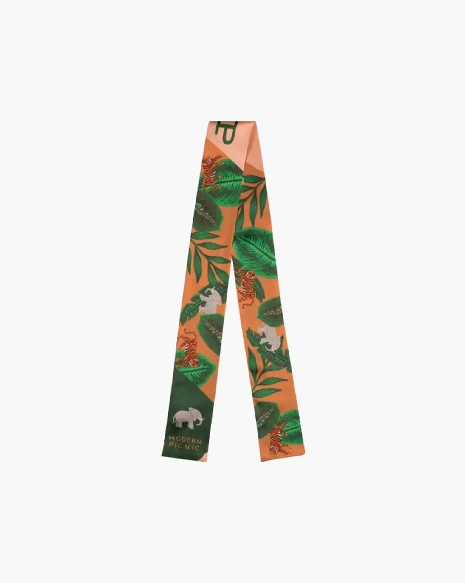 Tropical leaf and animal print scarf with Modern Picnic branding, vibrant orange and green design