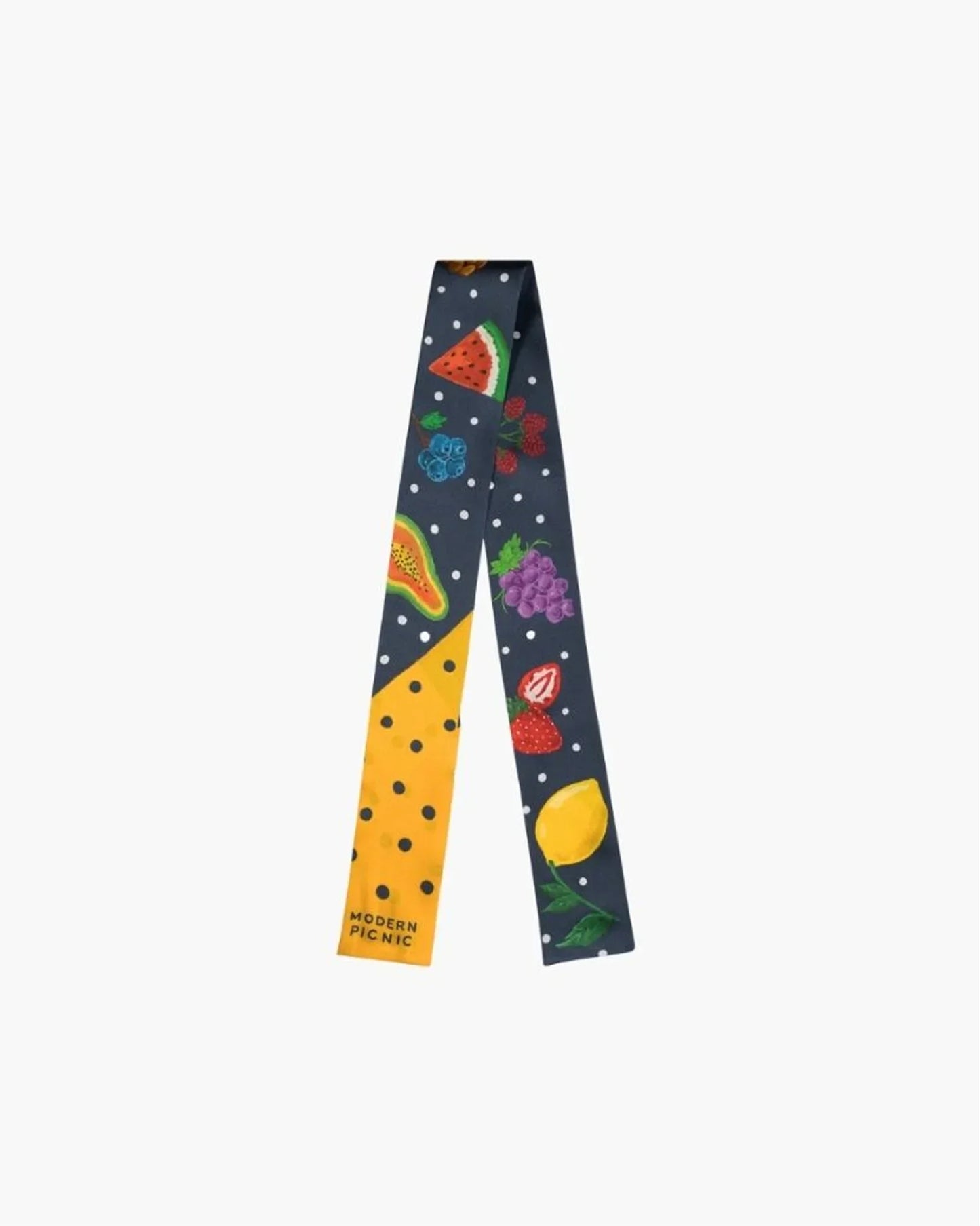Fruit-patterned scarf with polka dots, featuring watermelon, grapes, and lemon designs