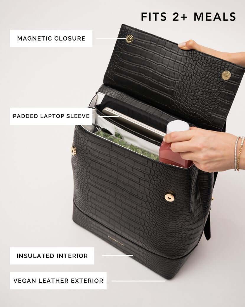 Black vegan leather insulated lunch bag with magnetic closure, padded laptop sleeve, fits 2+ meals.