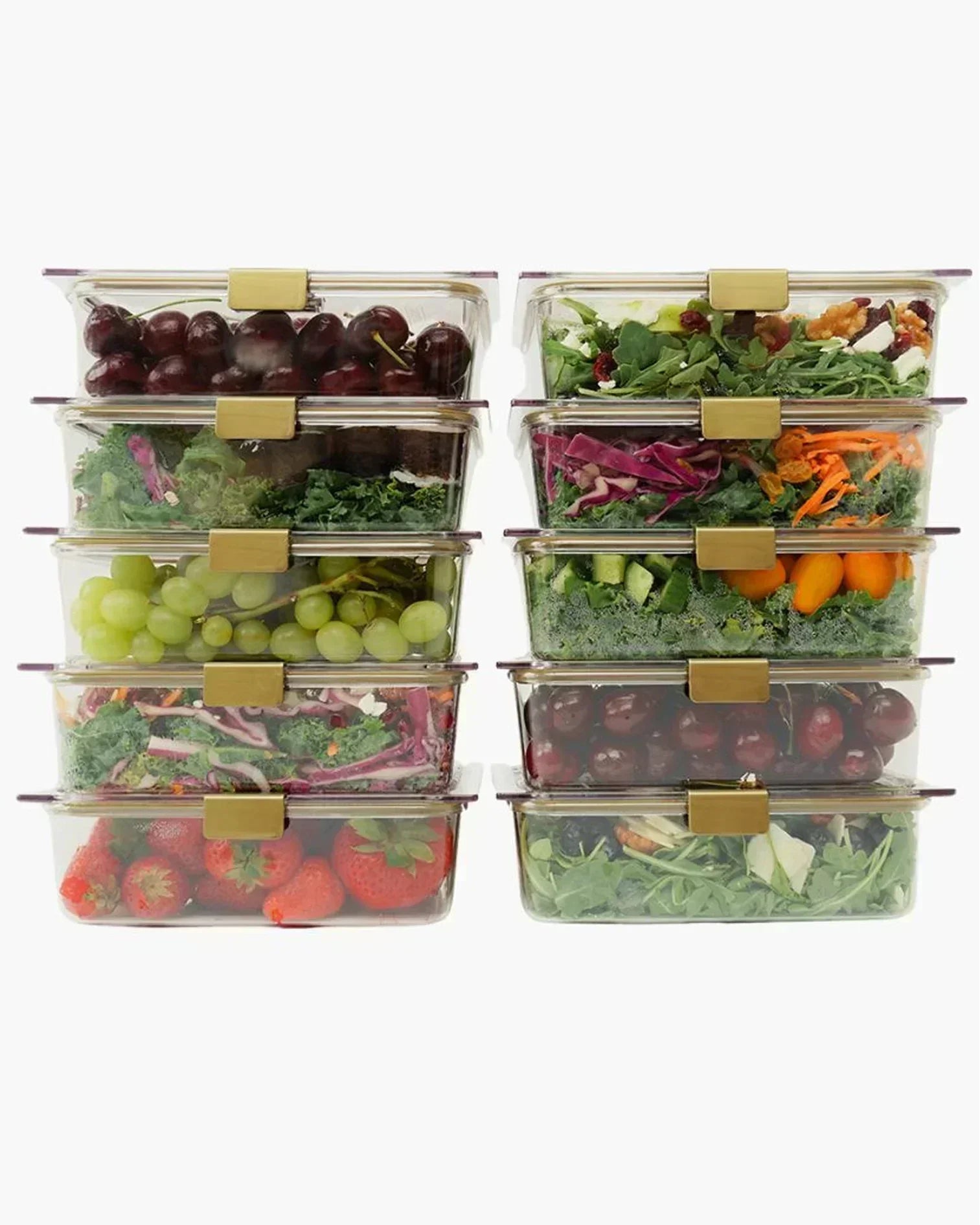 Stacked glass meal prep containers filled with fresh fruits and salads on white background