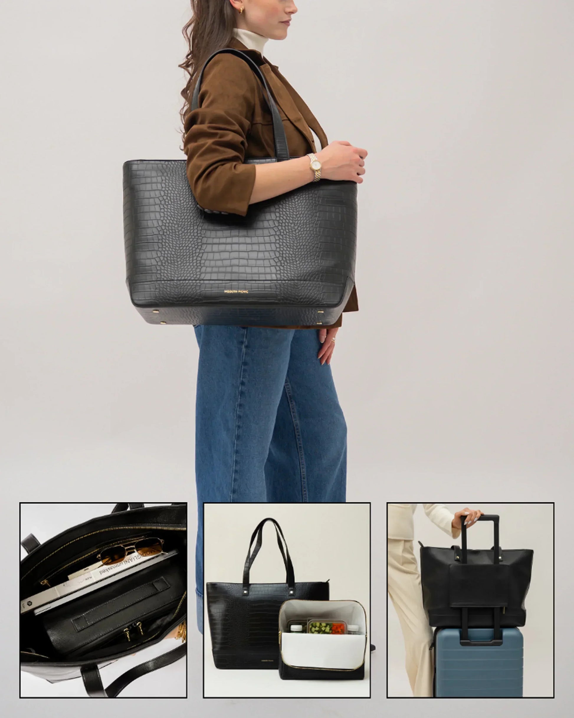 Woman carrying a black vegan leather tote with crocodile texture, insulated interior and luggage sleeve.