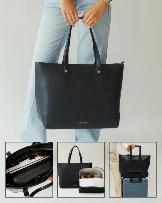 Chic black insulated tote bag with organized compartments for lunch, travel, and work.