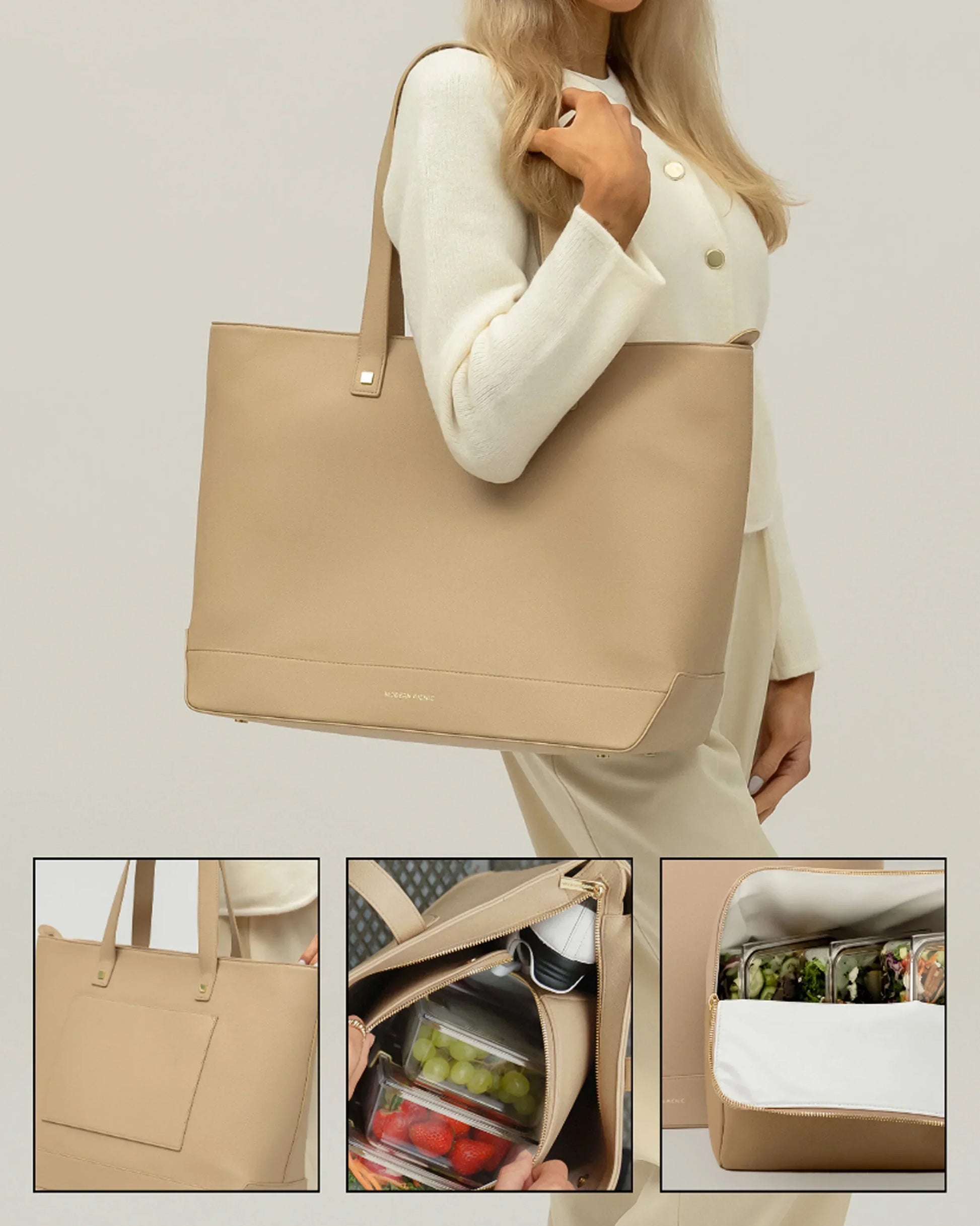 Beige vegan leather insulated tote bag for lunch, shown carried and with food storage compartments.