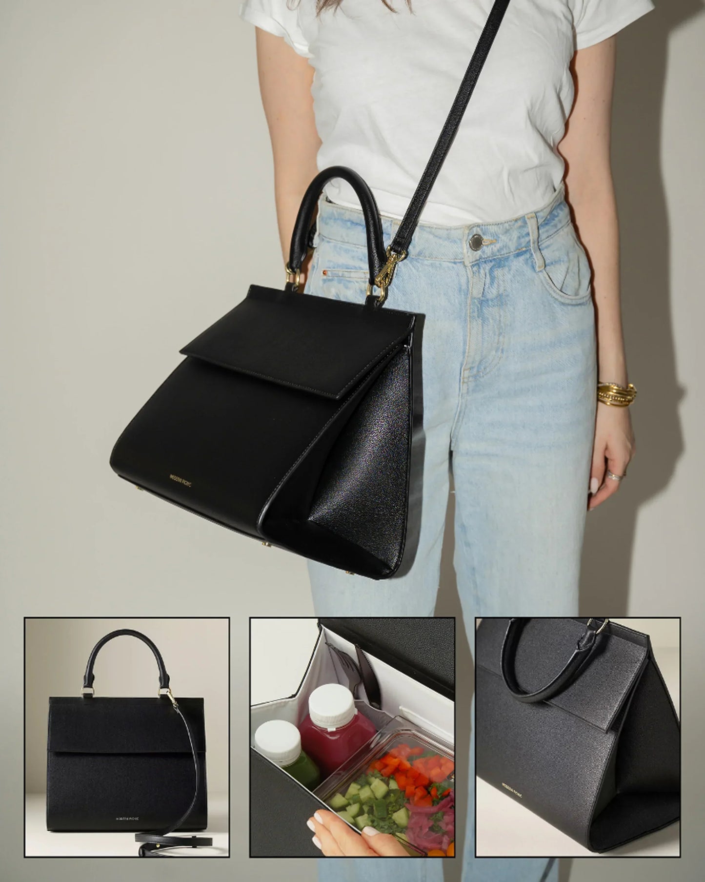 Black vegan leather insulated lunch bag purse with shoulder strap, stylish and functional design