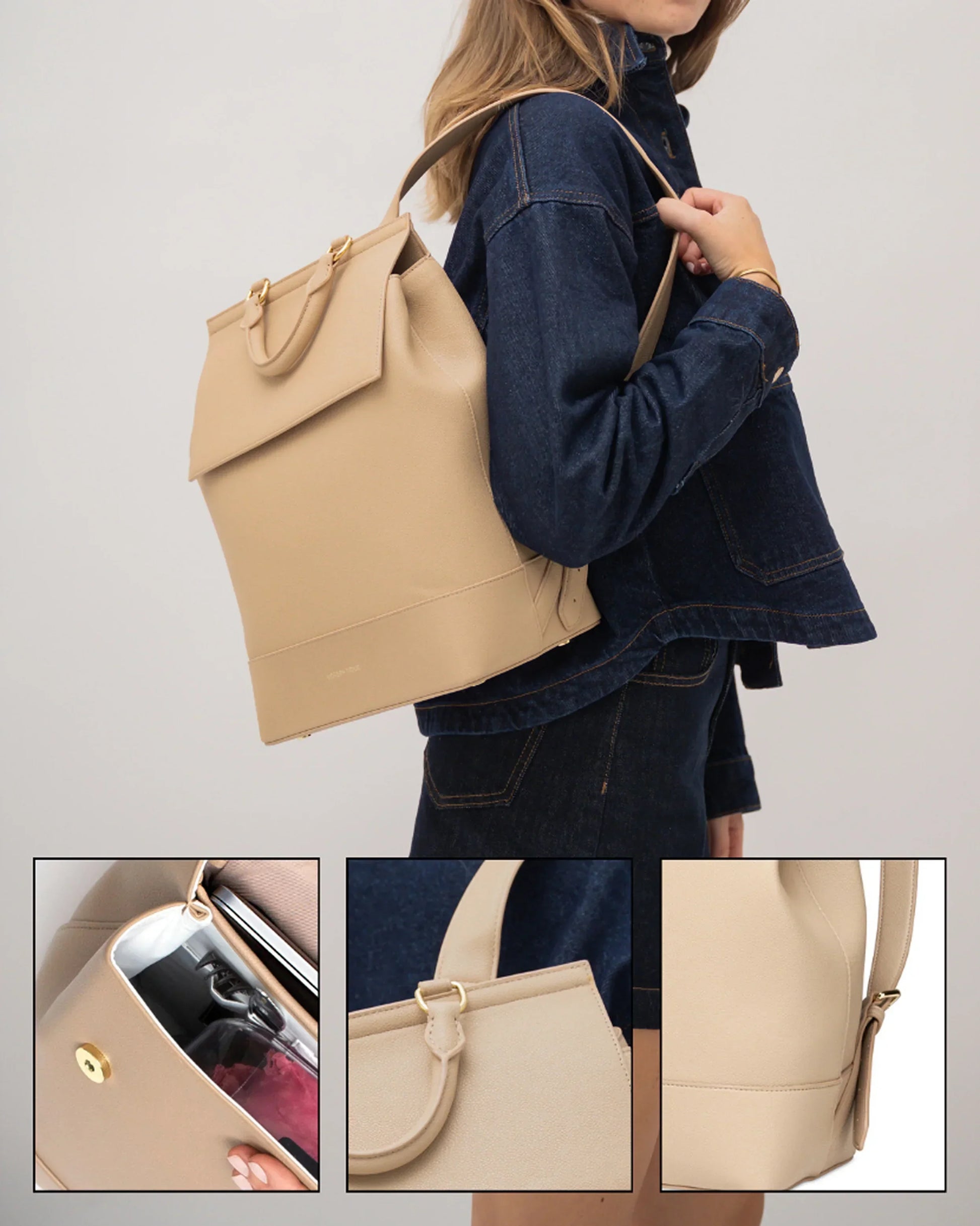 Woman in denim outfit carrying beige vegan leather insulated backpack with gold hardware, detailed close-ups of the bag.