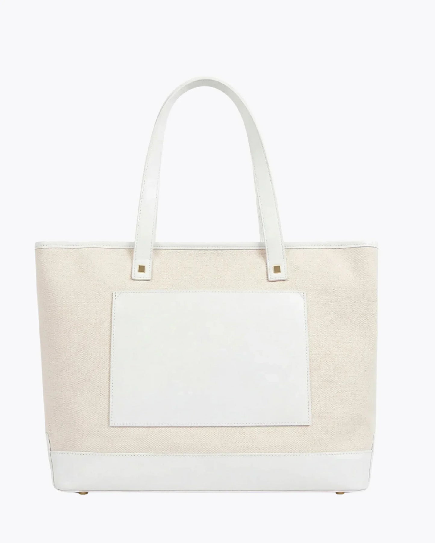 Beige canvas tote with white leather accents and gold hardware, ideal for work or travel