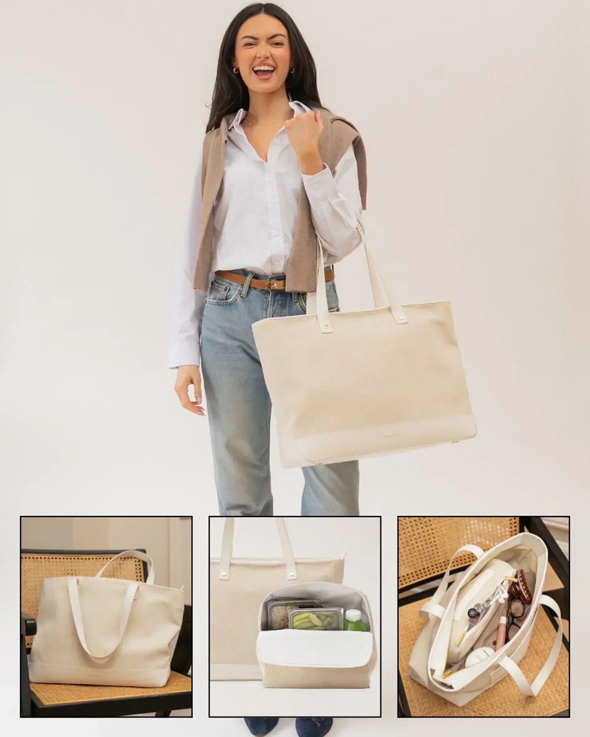 Stylish beige tote bag with insulated compartment for lunch, perfect for work or travel