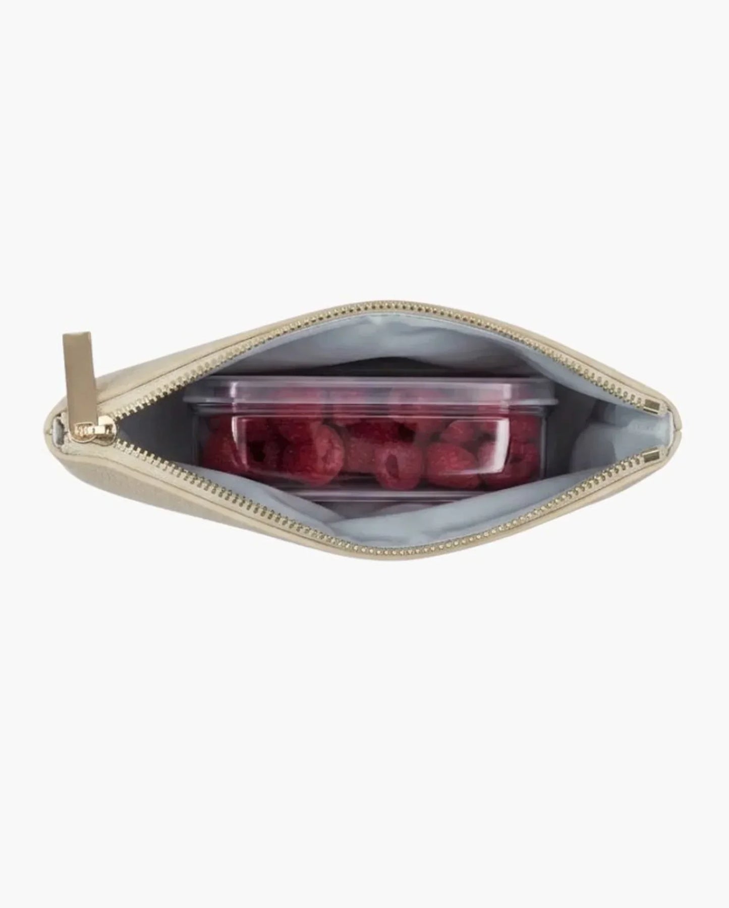 Insulated lunch bag with fresh raspberries in a clear container, perfect for healthy meals on the go.