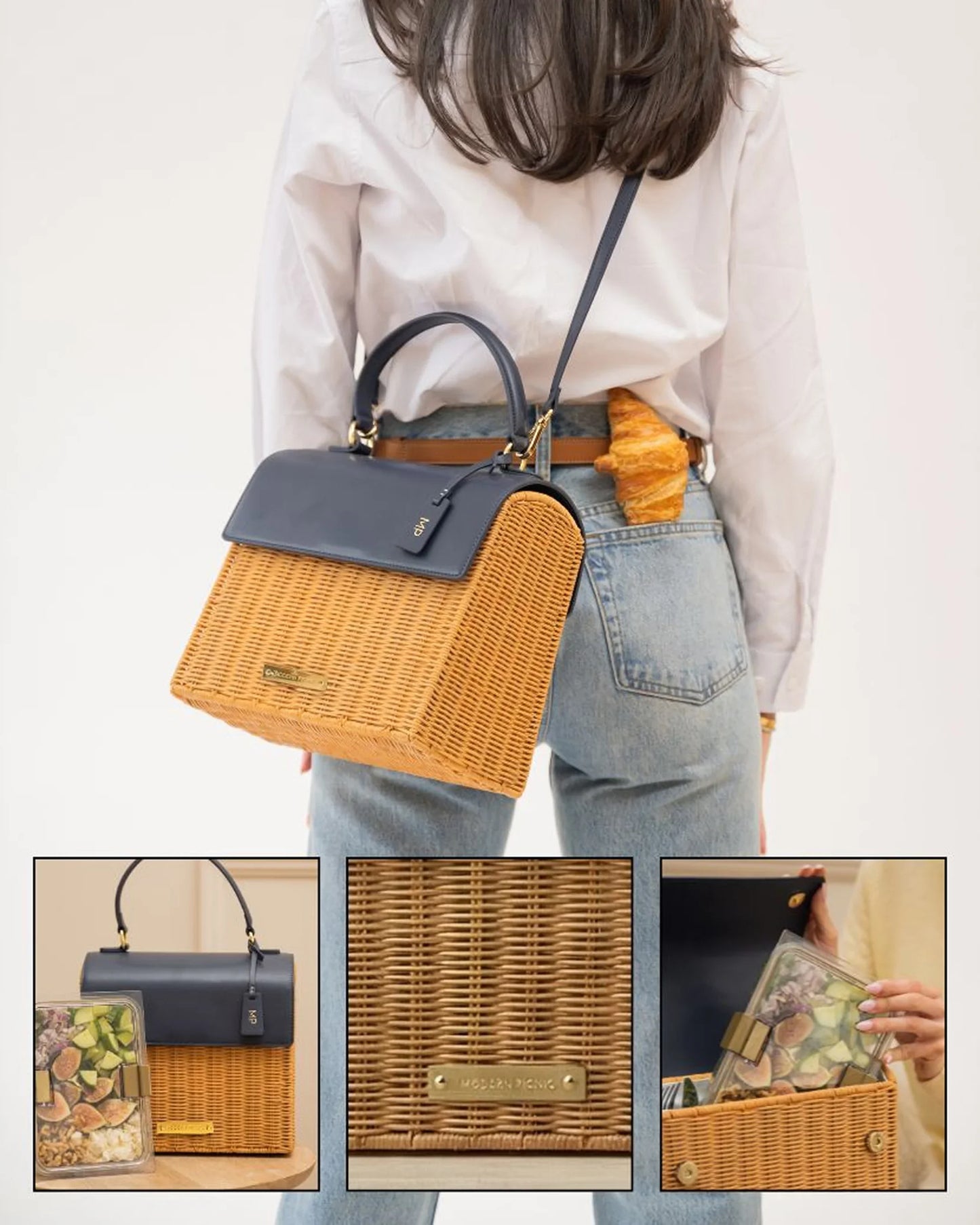 Stylish woven lunch tote with vegan leather top, perfect for chic picnics and daily commutes.