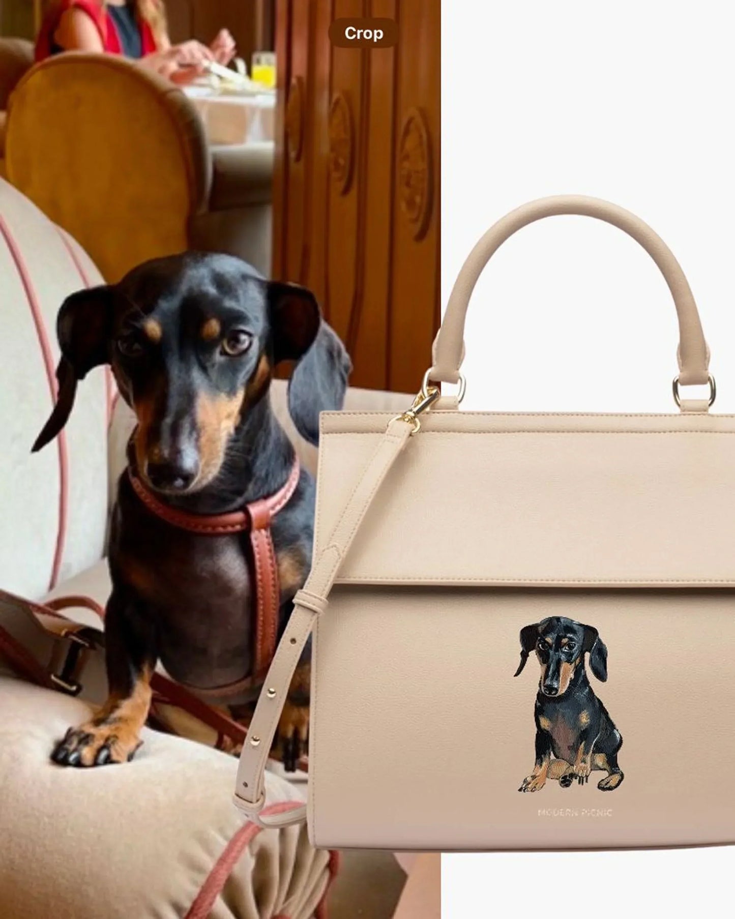 Beige insulated lunch tote with embroidered dachshund, shown beside a real dachshund on a sofa.