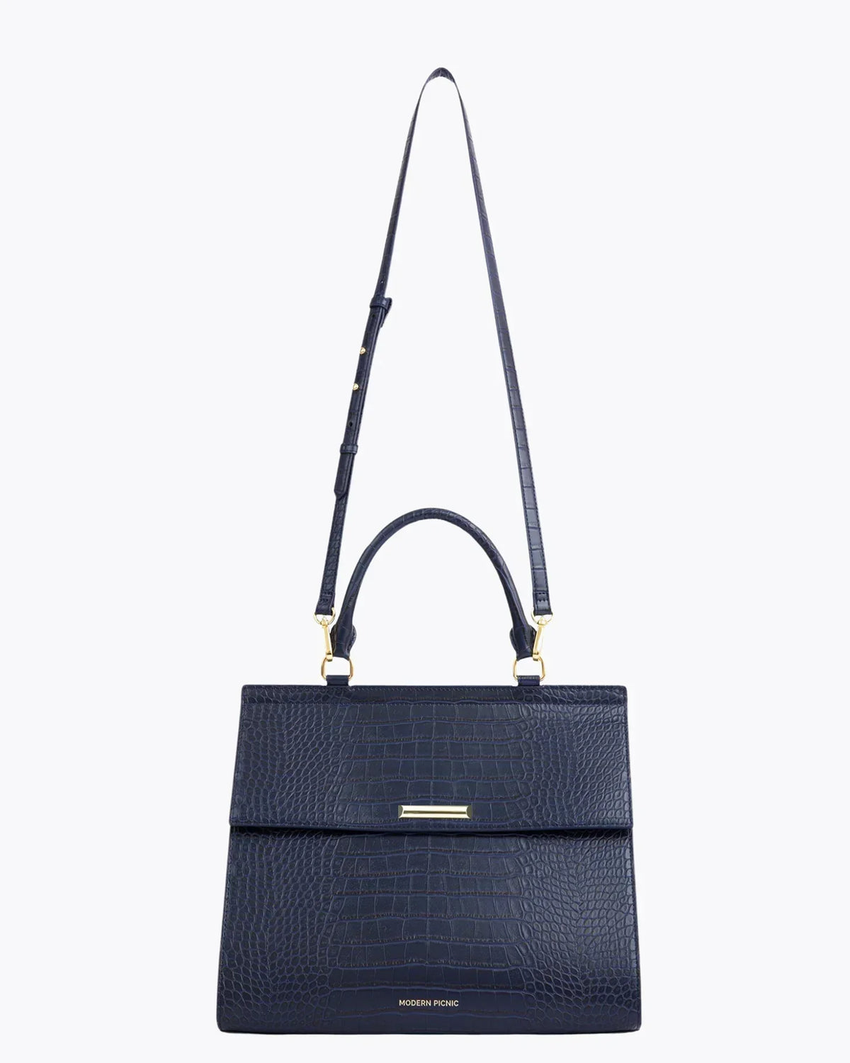 Navy blue vegan leather croc-embossed insulated lunch bag with gold hardware