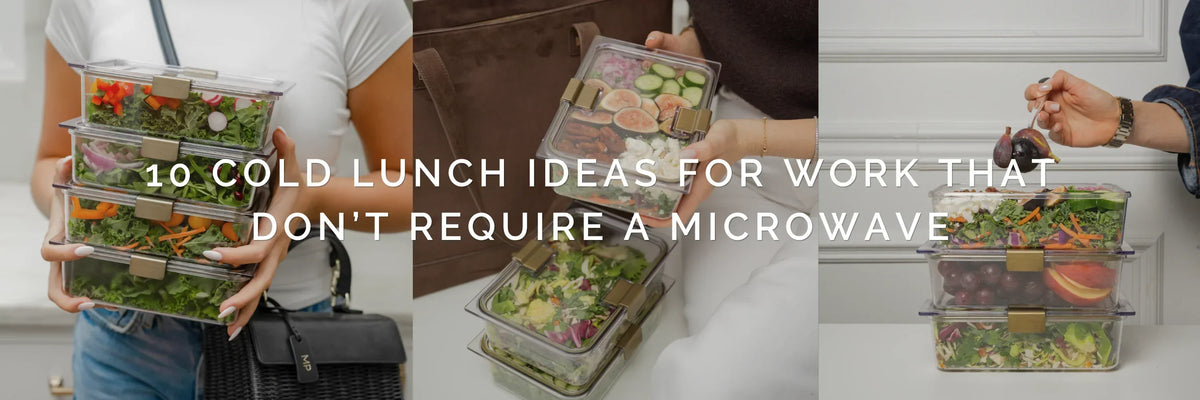 Stack of clear glass meal prep containers filled with fresh salads and healthy cold lunch ideas.