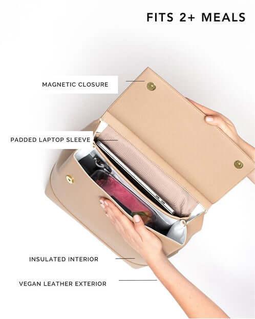 Beige vegan leather lunch tote with insulated interior, padded laptop sleeve, and magnetic closure for 2+ meals