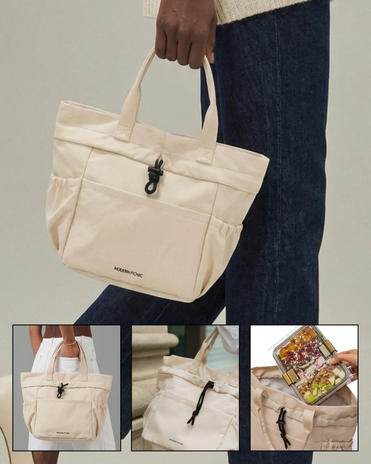 Cream vegan leather insulated tote bag being held by a person wearing blue jeans.