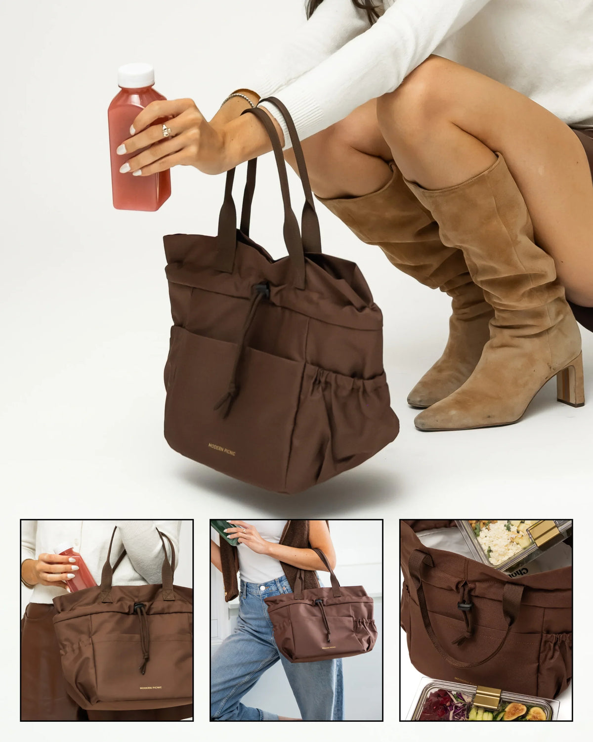 Woman holding a juice bottle next to a brown insulated vegan leather lunch tote bag.