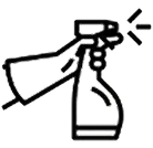 Hand spraying cleaning solution from bottle, simple line art illustration