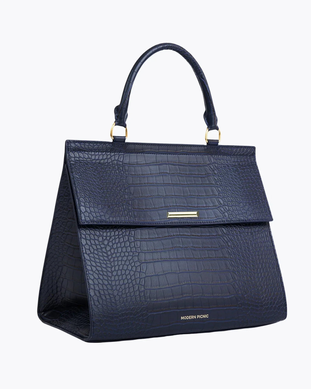 Navy blue croc-embossed vegan leather lunch tote with gold hardware and top handle.