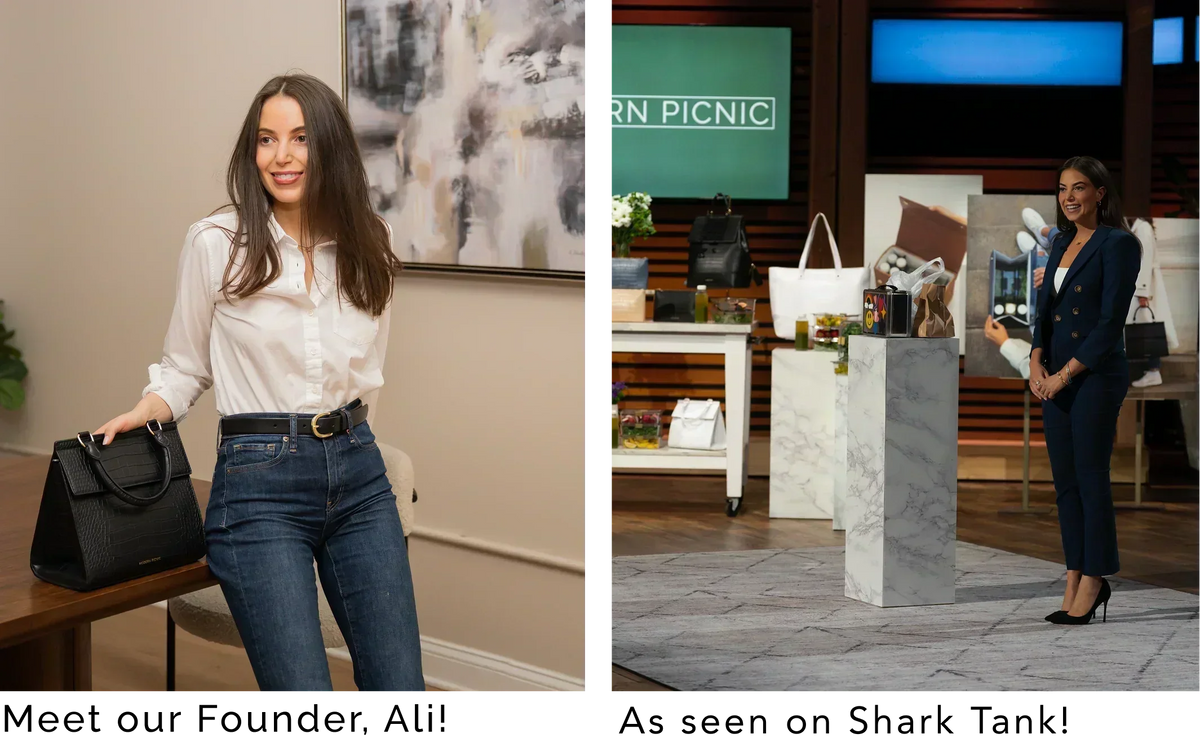 Stylish vegan leather lunch bag and Shark Tank pitch scene with chic totes and backpacks
