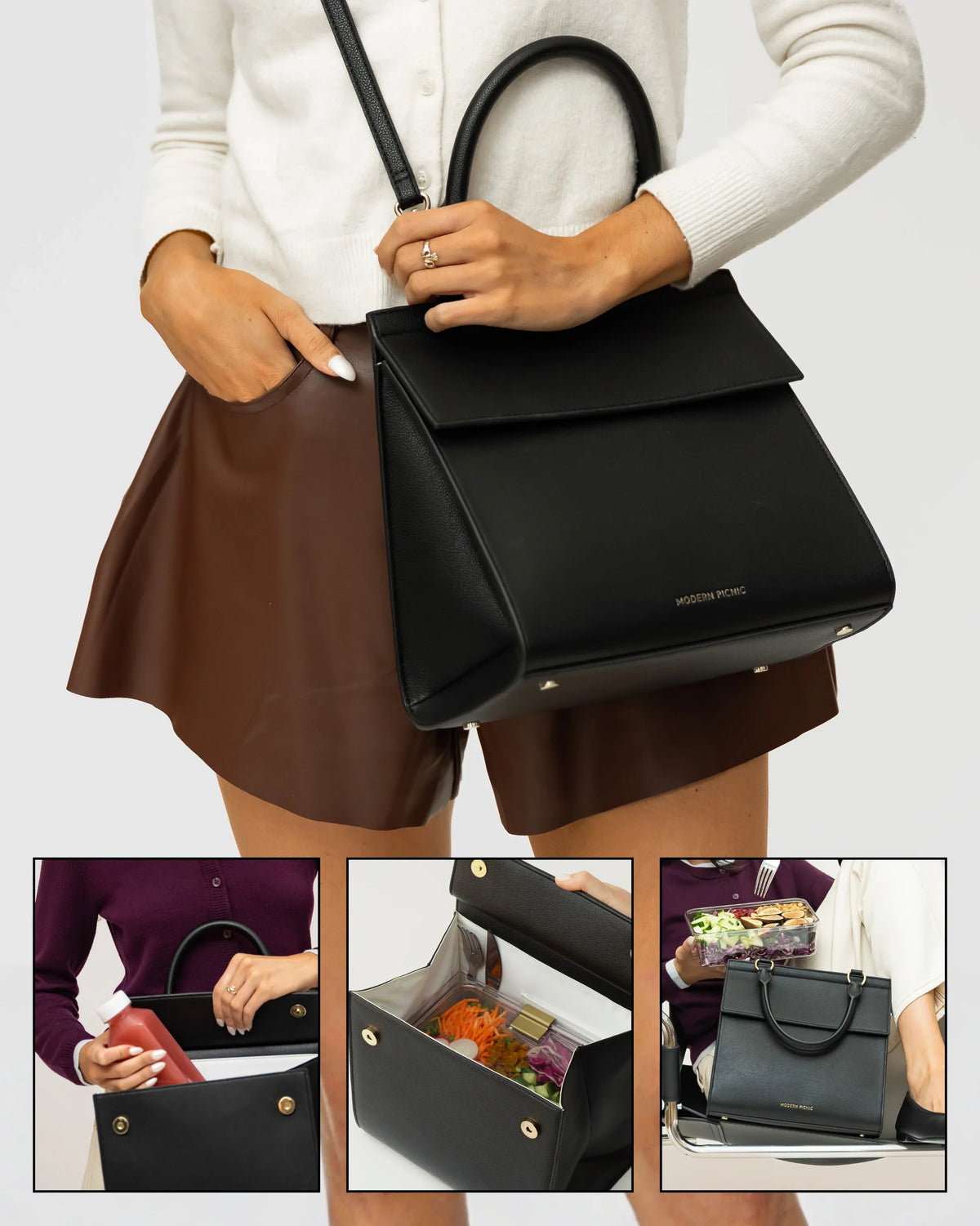 Black vegan leather insulated lunch bag shown being worn and holding food and drinks.