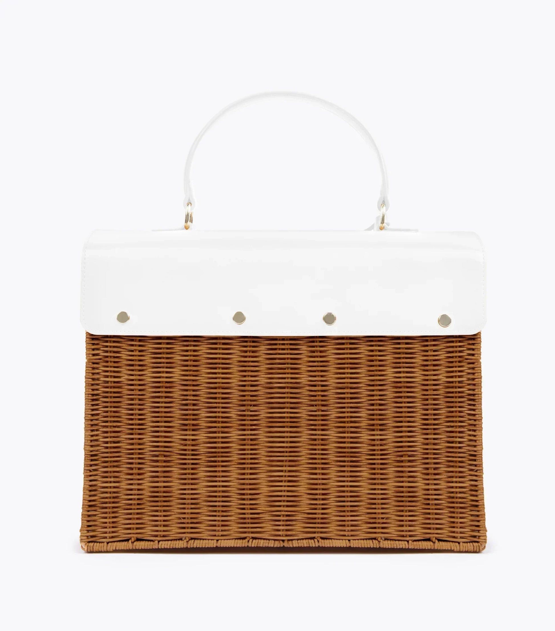Woven wicker picnic basket with white vegan leather top and handle, chic insulated lunch tote