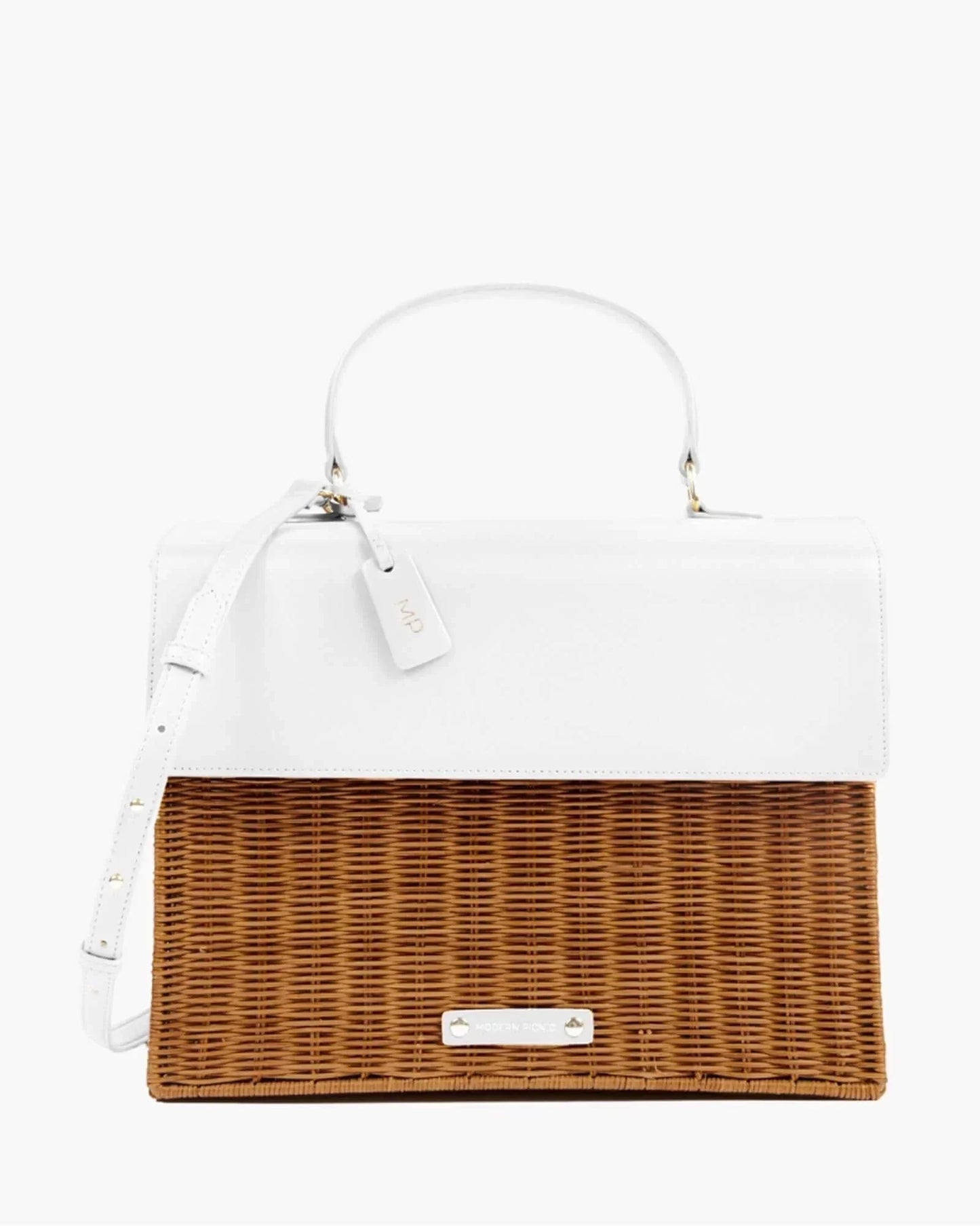 White vegan leather and woven wicker lunch tote with top handle and shoulder strap, chic insulated picnic bag