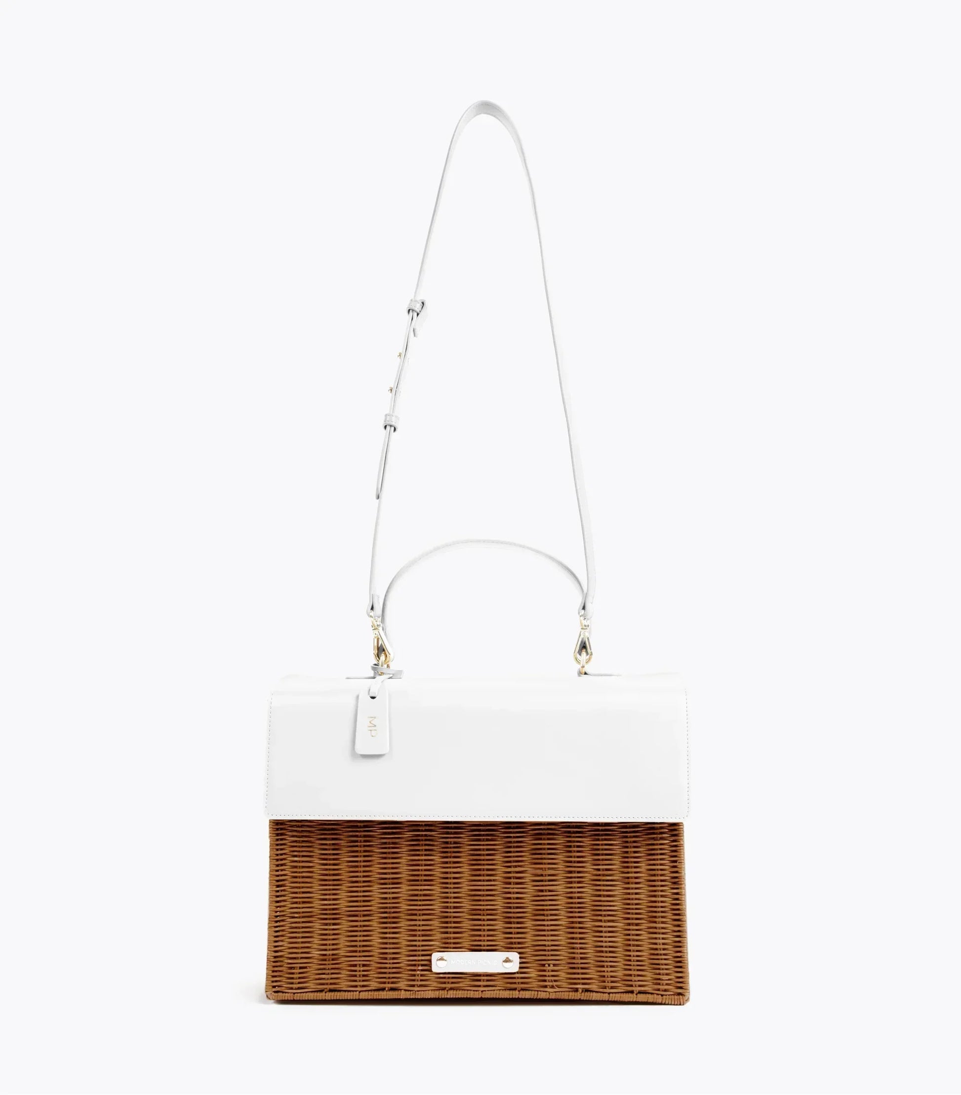 White vegan leather and woven wicker tote bag with adjustable strap, chic picnic style