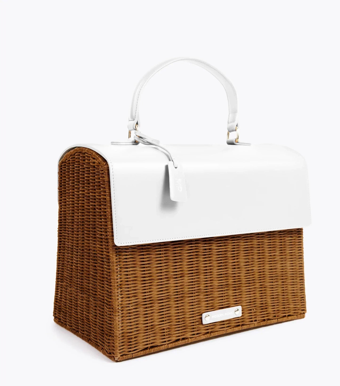 Woven wicker lunch tote with white vegan leather top and handle, chic insulated picnic bag for work or travel