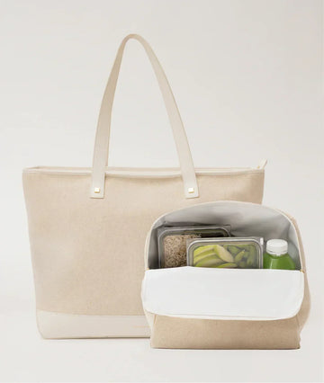 Beige insulated tote bag with lunch containers and green juice, perfect for work or travel
