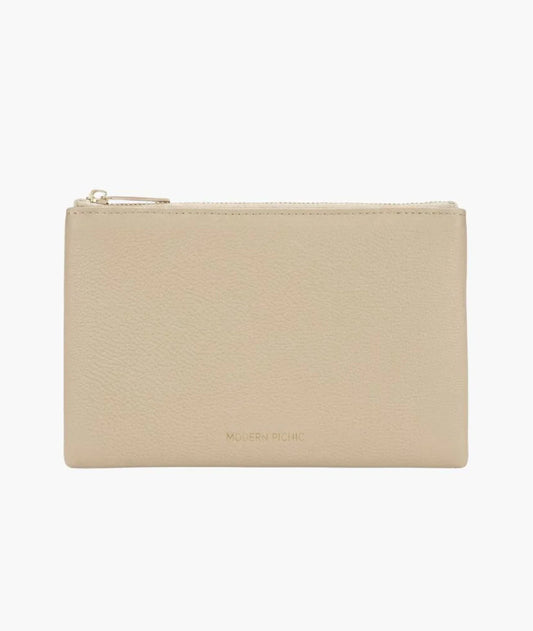 Beige vegan leather pouch with zipper, sleek design for everyday use