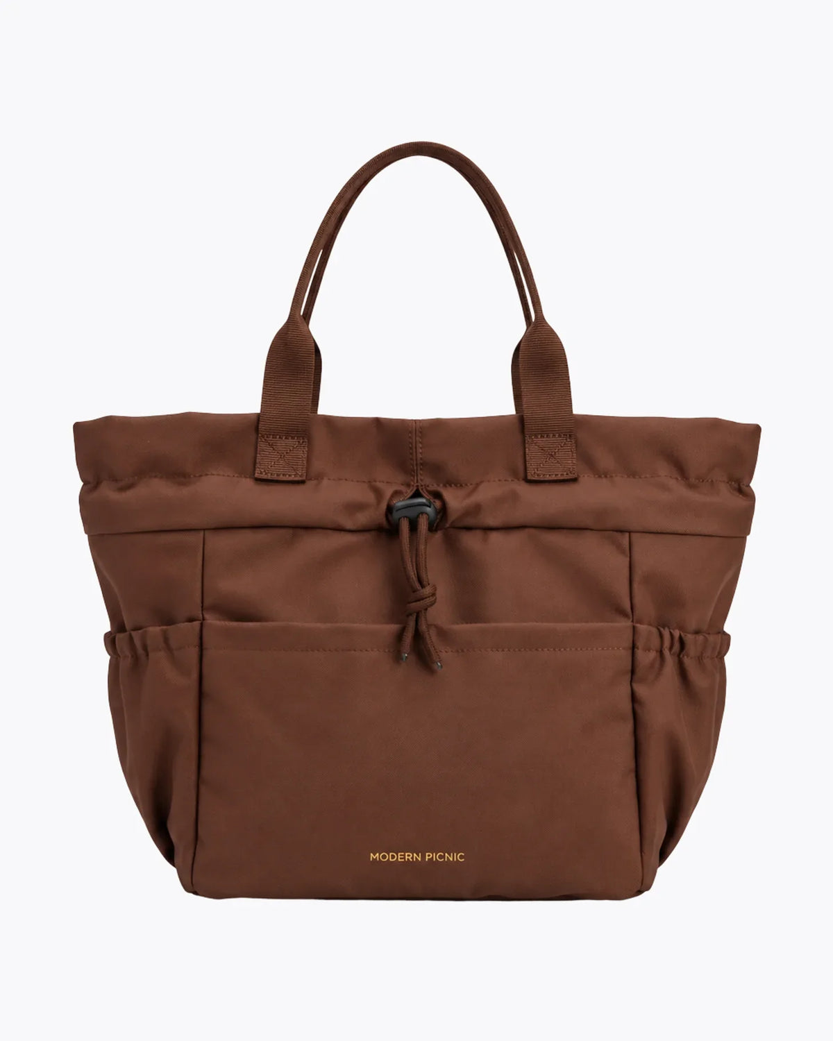 Brown insulated vegan leather tote bag with drawstring closure and front pocket.
