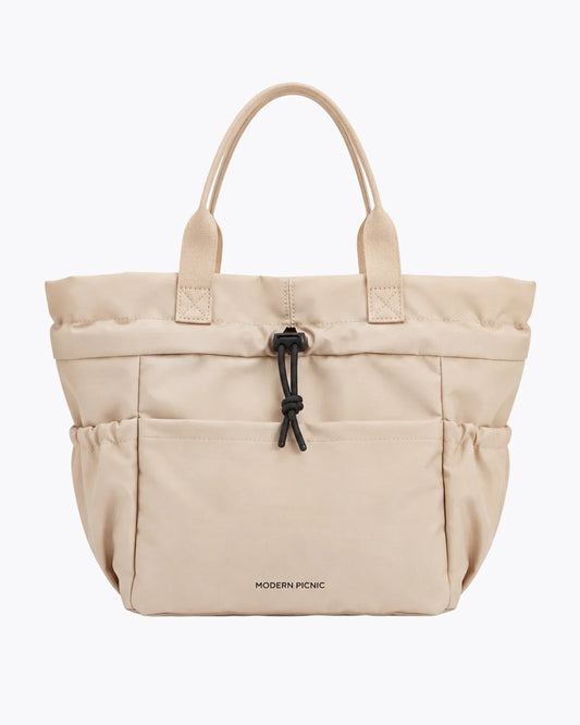 Modern Picnic beige insulated tote bag with shoulder straps and drawstring closure