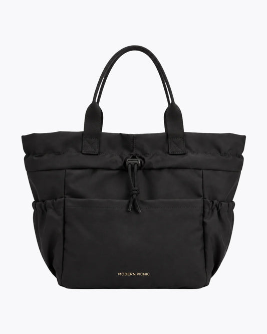 Black insulated vegan leather tote bag with drawstring closure and front pocket.
