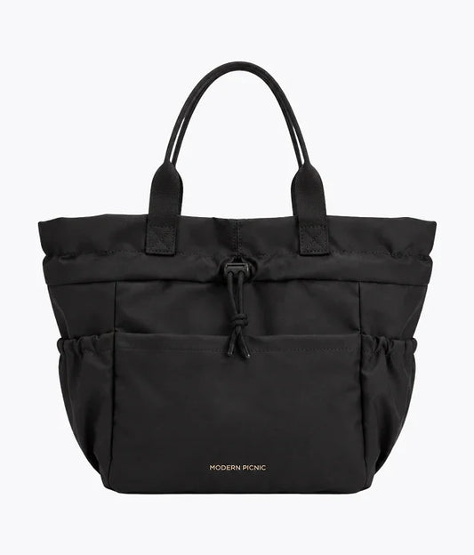 Black insulated tote bag with drawstring closure and dual top handles.