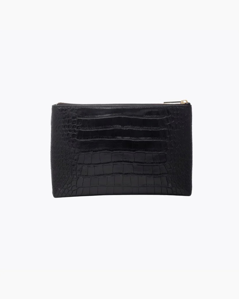 A back-facing studio shot of a rectangular black pouch made of crocodile-embossed vegan leather, featuring a gold zipper closure at the top.