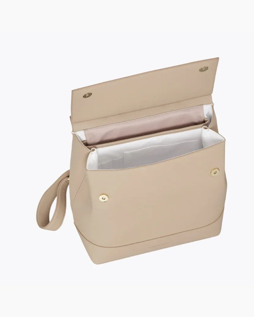 Open top view of the Cream smooth vegan leather insulated backpack showing the white interior lining and magnetic closure.
