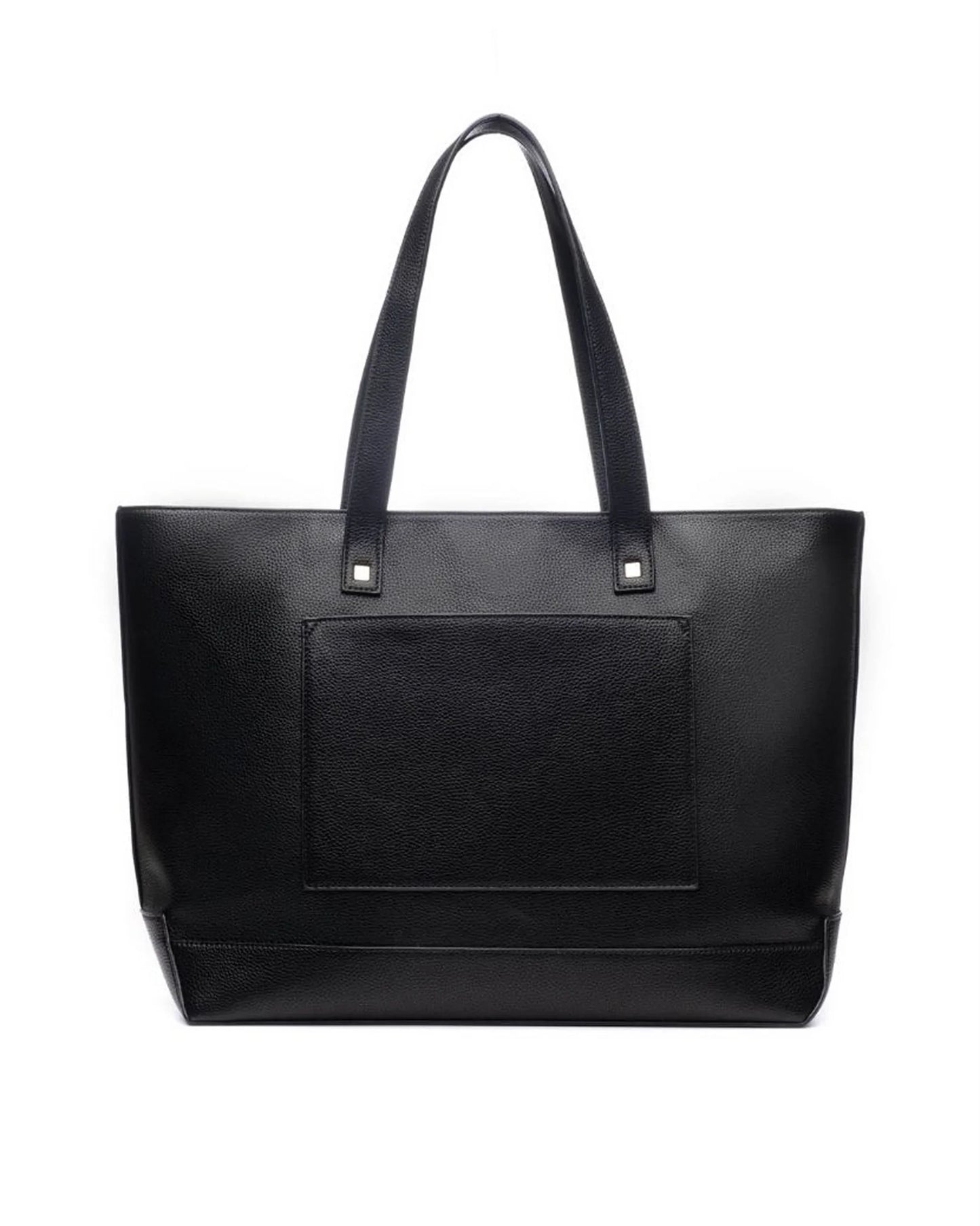 Black vegan leather insulated tote bag with front pocket and dual handles