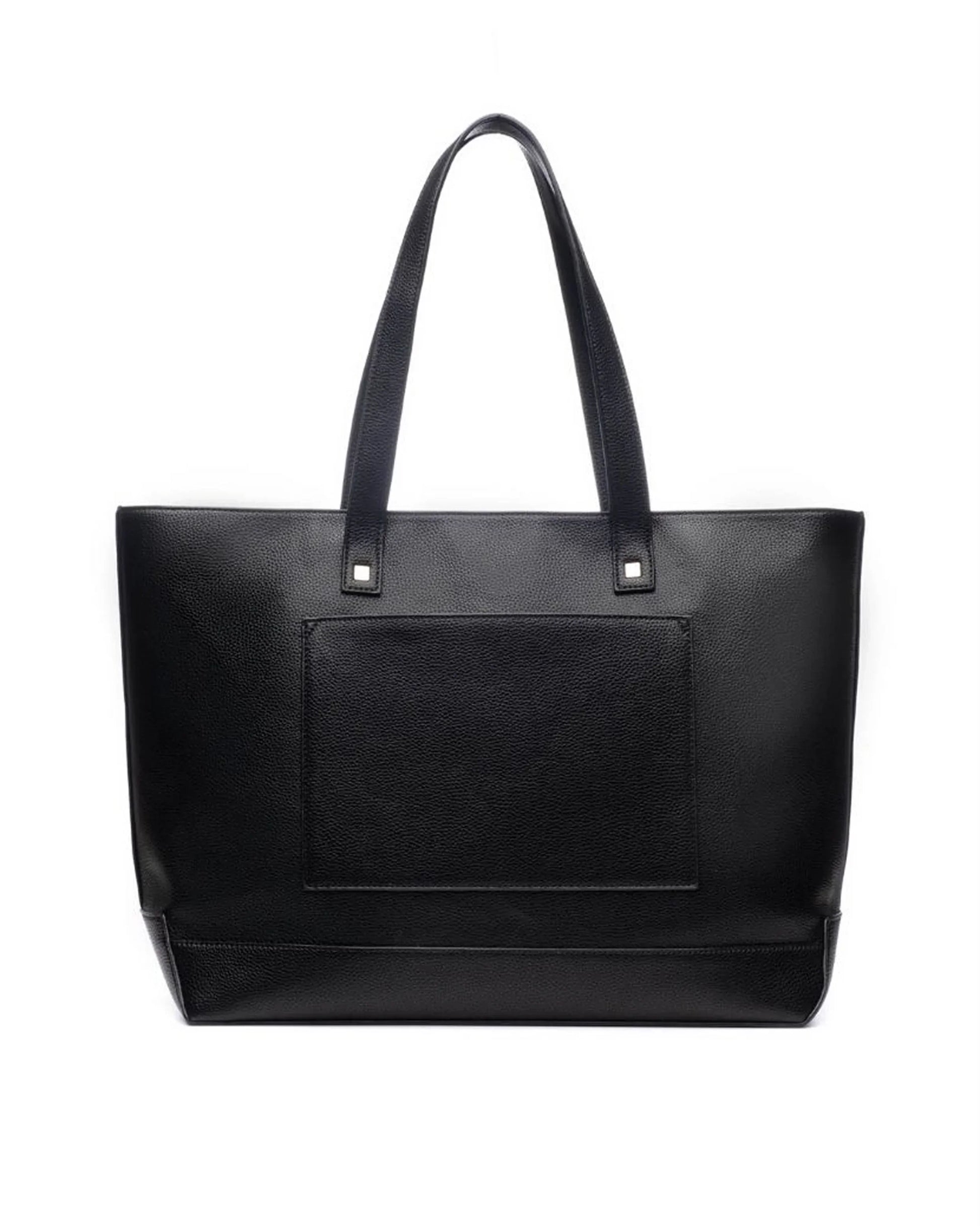Black vegan leather insulated tote bag with front pocket and dual handles