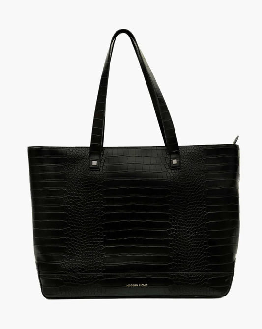 Modern Picnic black croc embossed vegan leather tote bag on white background
