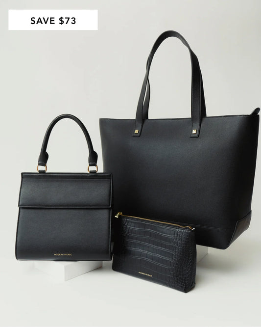 Modern Picnic THE ORIGINALS SET featuring a black tote, matching structured handbag, and croc-embossed pouch in vegan leather.