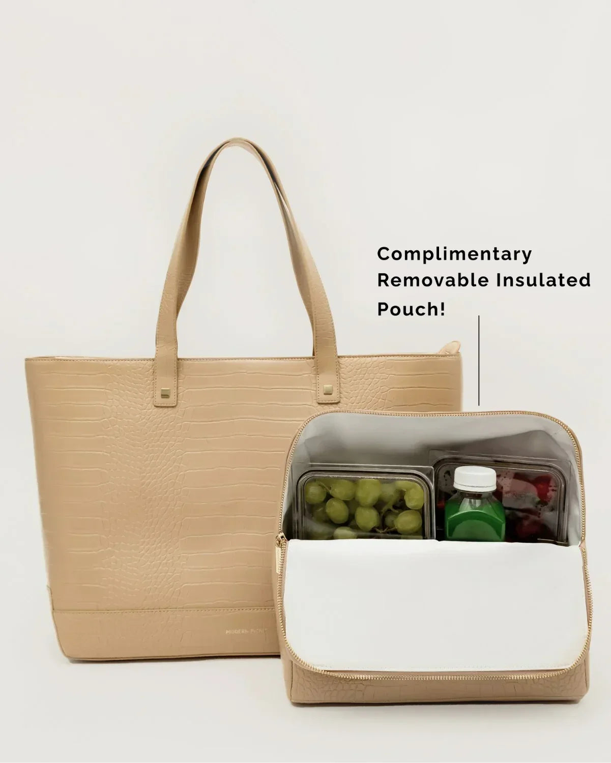 Modern Picnic cream croc vegan leather tote displayed with removable insulated snap-in pouch filled with produce.
